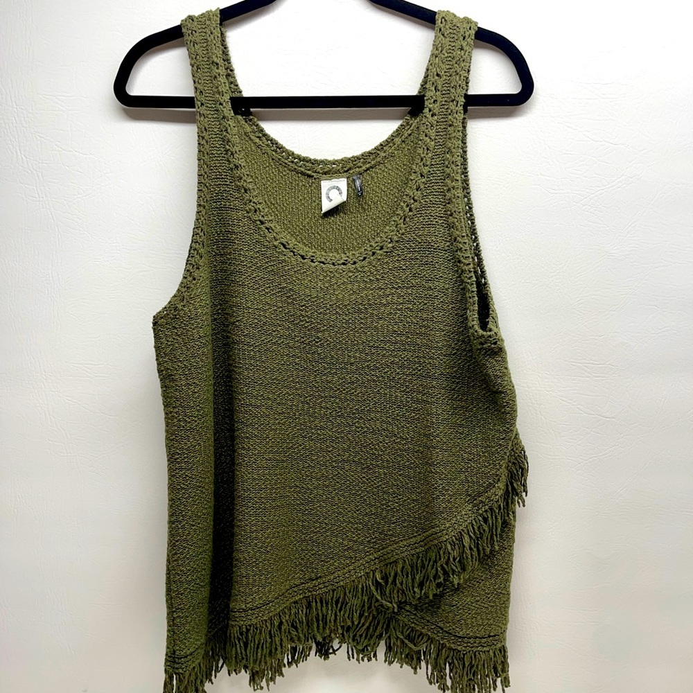 Anthropologie Olive Green Knit Fringe Tank Top